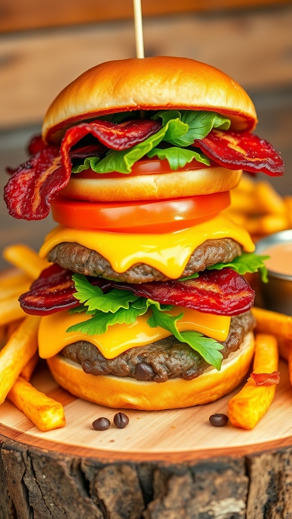 A juicy bacon cheeseburger with layers of bacon, cheese, lettuce, and tomato on a bun, accompanied by fries.
